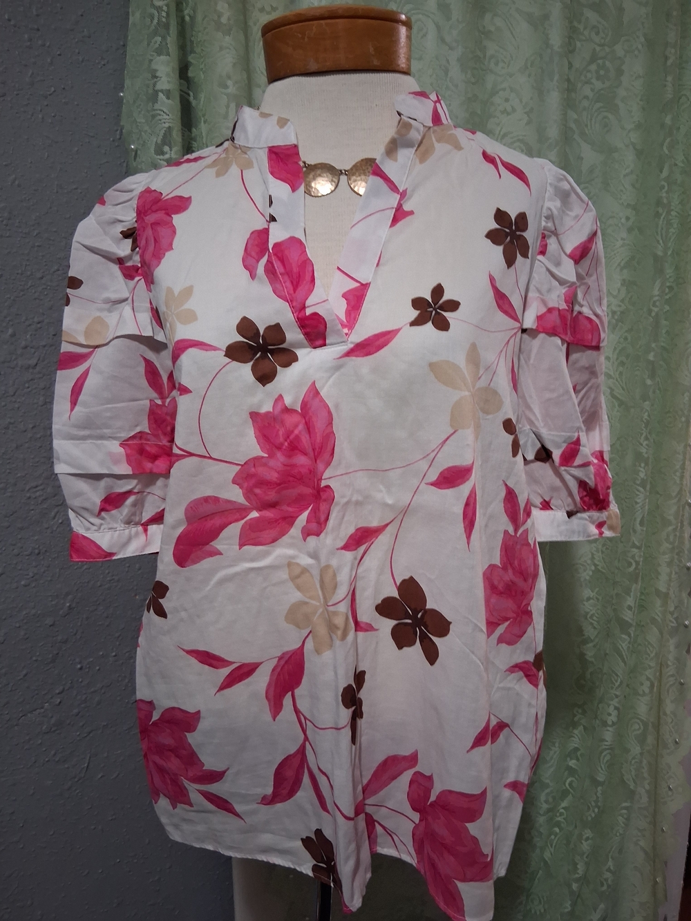 Ann Taylor White Blouse with Pink and Brown Floral Print